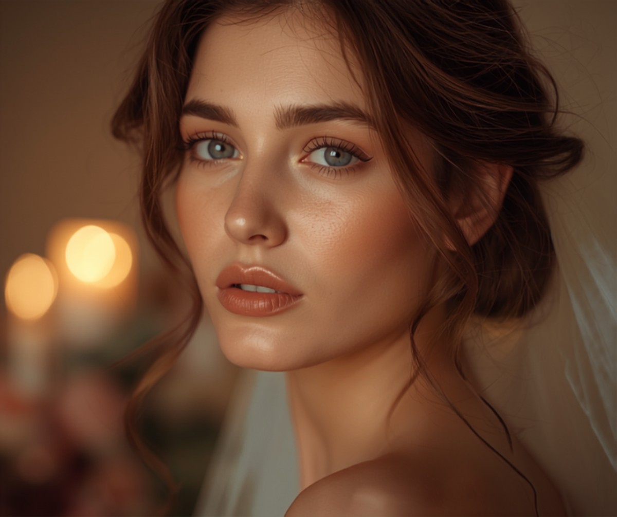 Maquillaje de novia para boda en invierno en Barcelona con piel luminosa y acabado jugoso bajo luz cálida